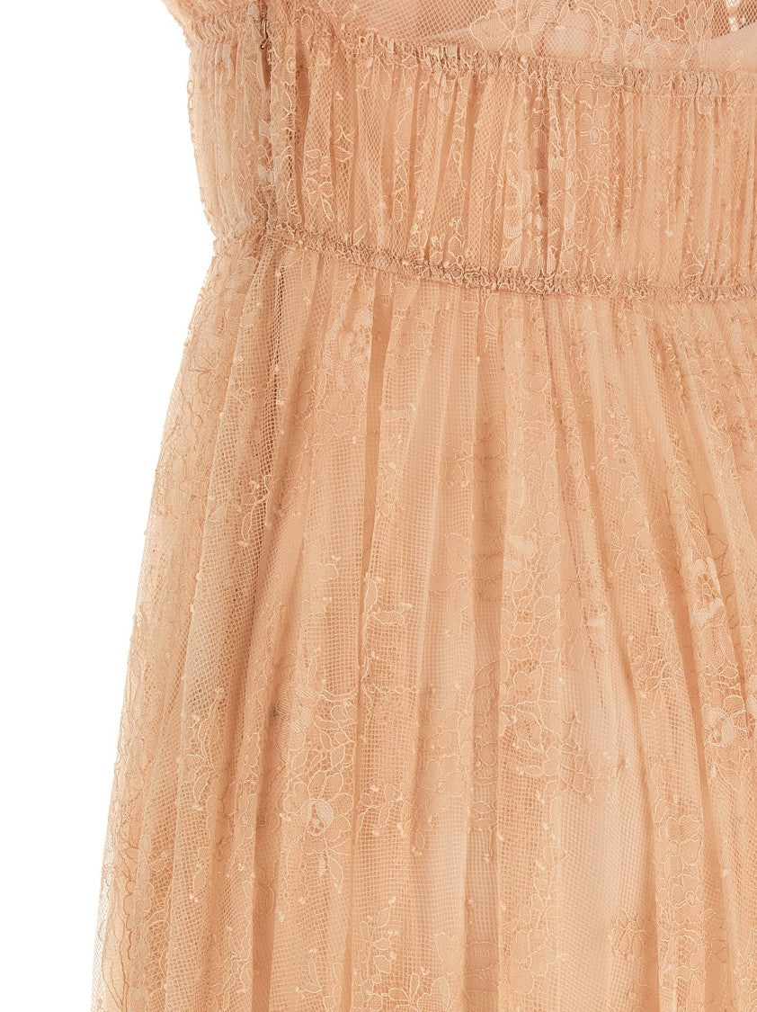 Alberta Ferretti Long Lace Dress With Ruffled V-Neckline