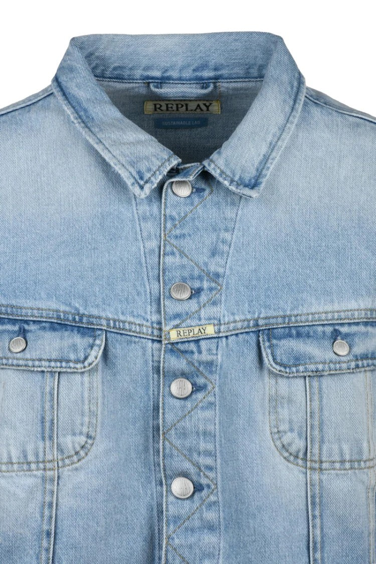 Replay Cropped Light Wash Denim Jacket With Classic Button Closure