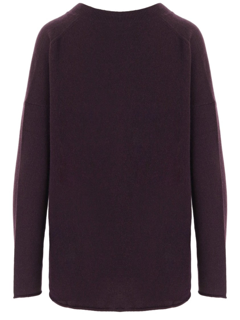 Allude Dark Purple Ribbed V-Neck Cashmere Sweater