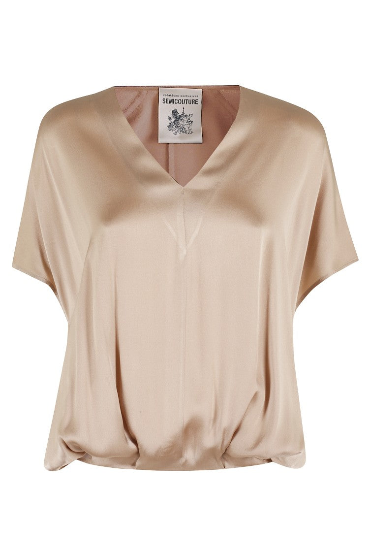 Semi Couture Bronze Satin V-Neck Blouse