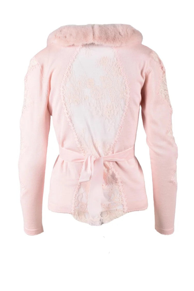 Blumarine Viscose/Polyester Cardigan With Fur Details - Pink