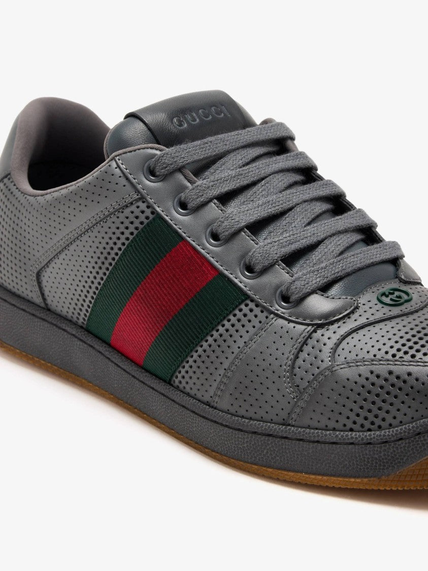 Gucci Dark Grey Perforated Leather Sneaker With Green And Red Striped Detail