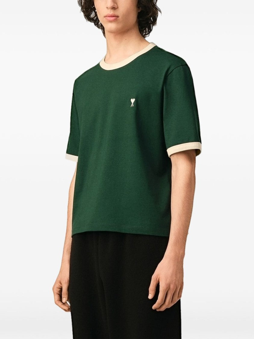 Ami Paris Cropped T-Shirt With Cream Ribbed Trims And Embroidered Logo