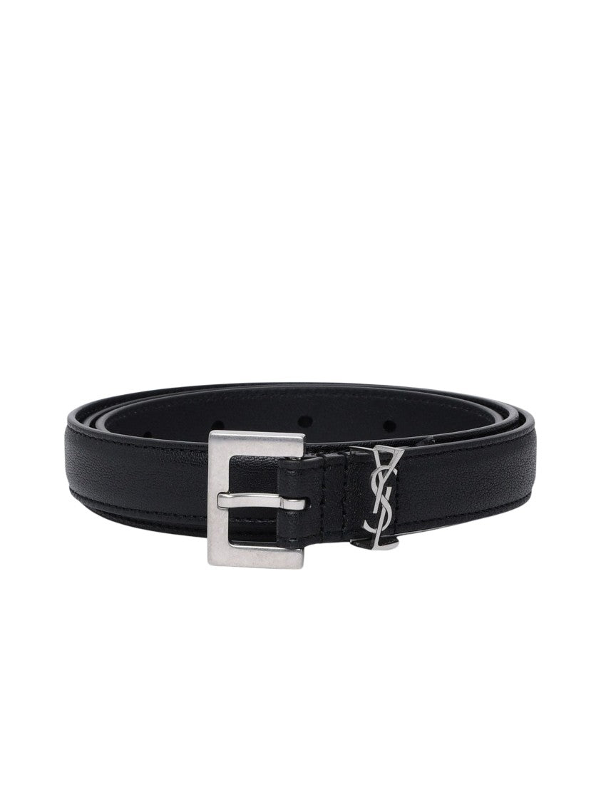 Saint Laurent Slim Lambskin Belt With Rectangular Metal Buckle