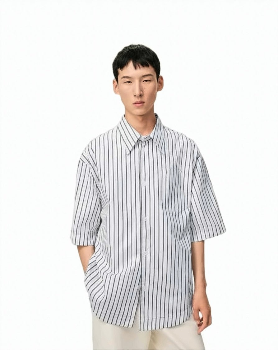 Ami Paris Short-Sleeved Striped Cotton Wide Shirt With Classic Collar