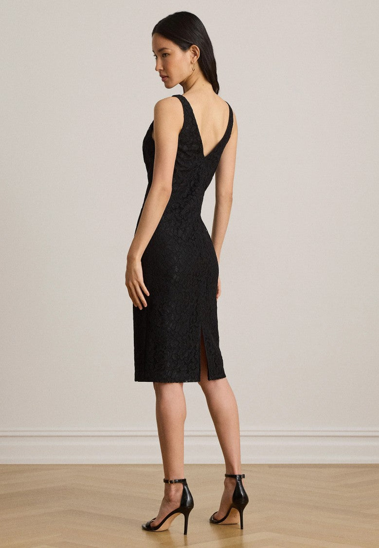 Lauren Ralph Lauren Fitted Black Floral Lace V-Back Midi Dress