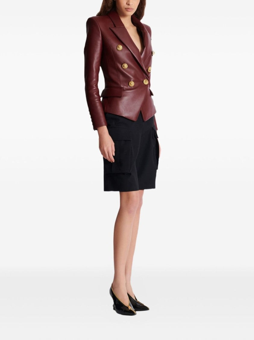 Balmain Dark Red Lambskin Leather Tailored Blazer