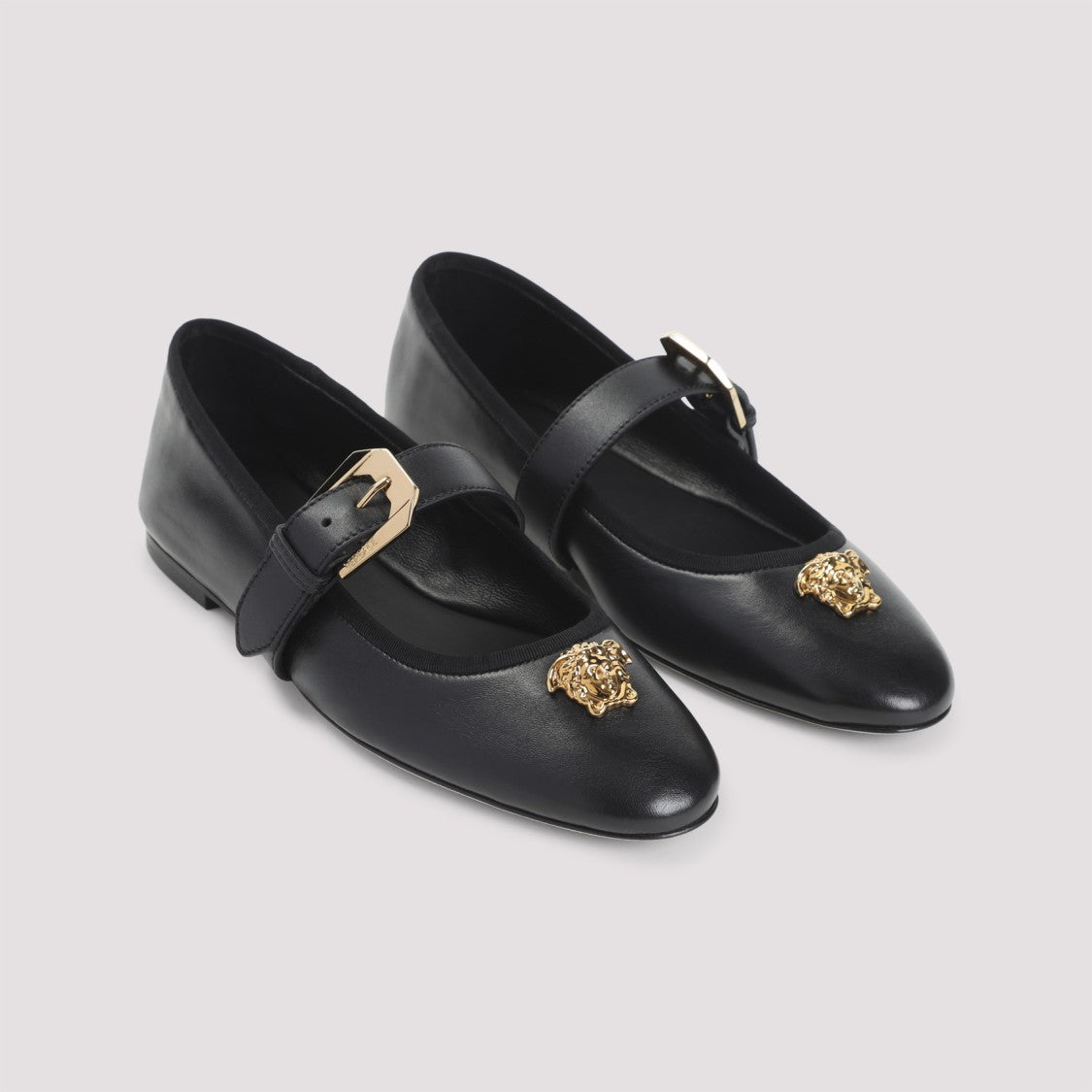 Versace Pointed Toe Black Leather Flats With Gold Medusa Accents