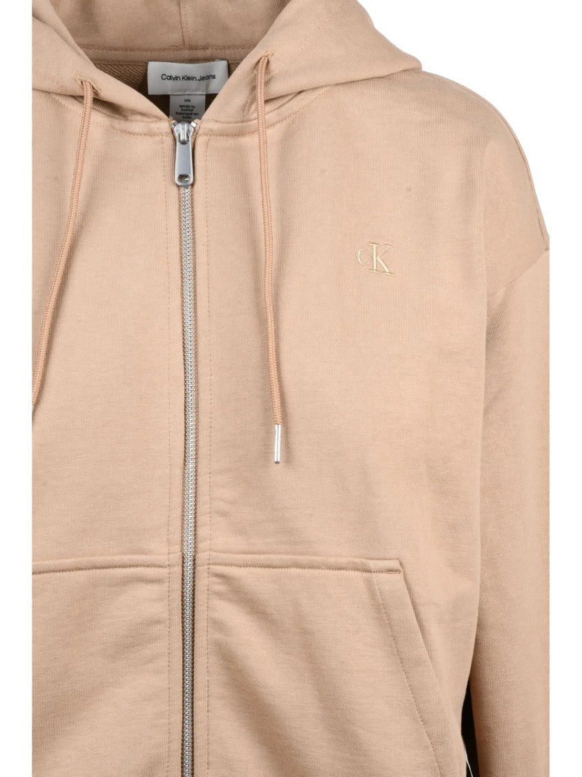Calvin Klein Jeans Beige Hooded Front Pocket Cotton-Blend Zip Sweatshirt