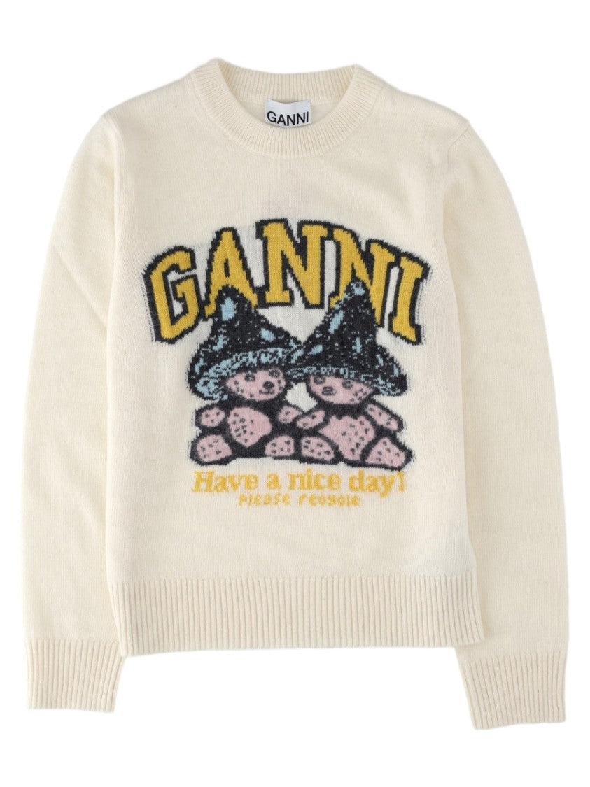 Ganni Beige Graphic Wool-Blend Knit Sweatshirt