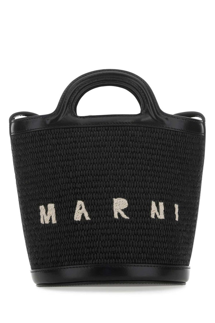 Marni Black Leather And Raffia Tropicalia Bucket Bag