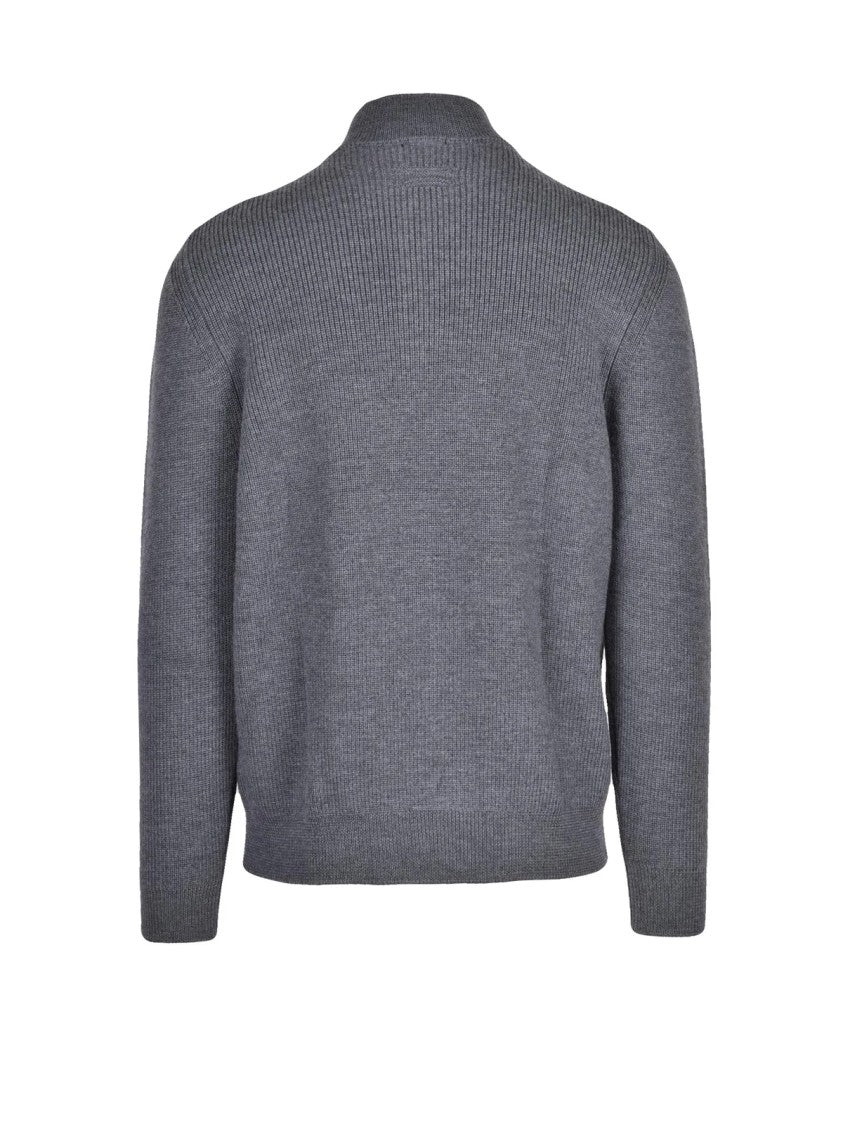 Drumohr Grey Zip Extrafine Merino Wool Mock Neck Sweater