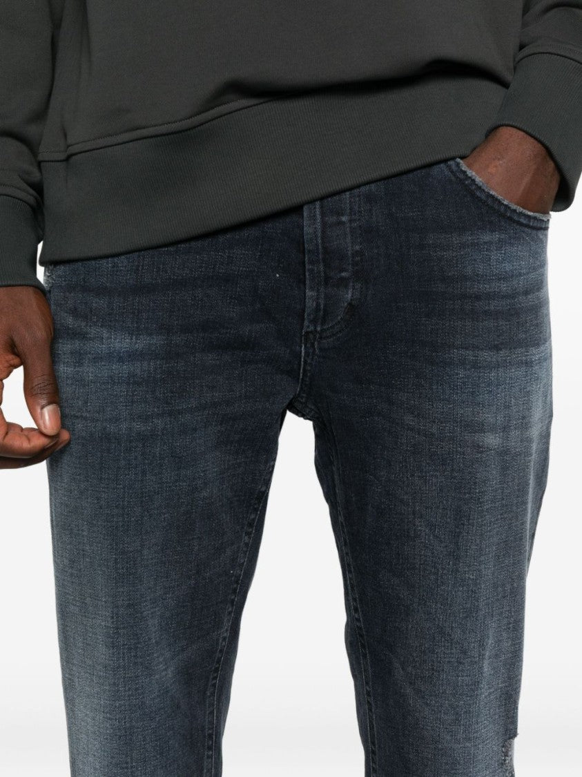 Dondup Dark Wash Distressed Denim Jeans With Tapered Leg