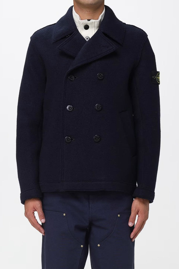 Stone Island Navy Virgin Wool Double-Breasted Peacoat