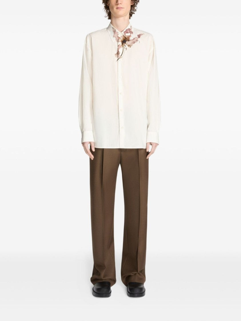 Dries Van Noten Long-Sleeved White Shirt With Floral Accents