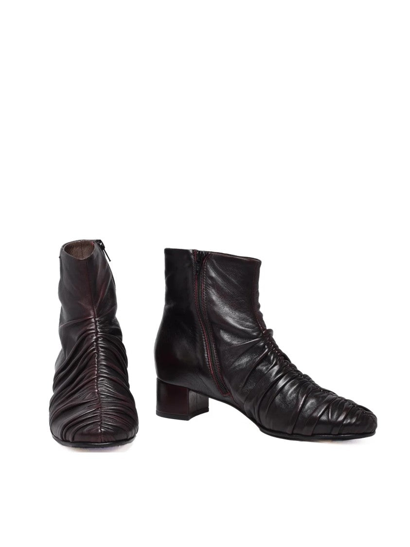 Lorena Paggi Red Leather Ruched Ankle Boots