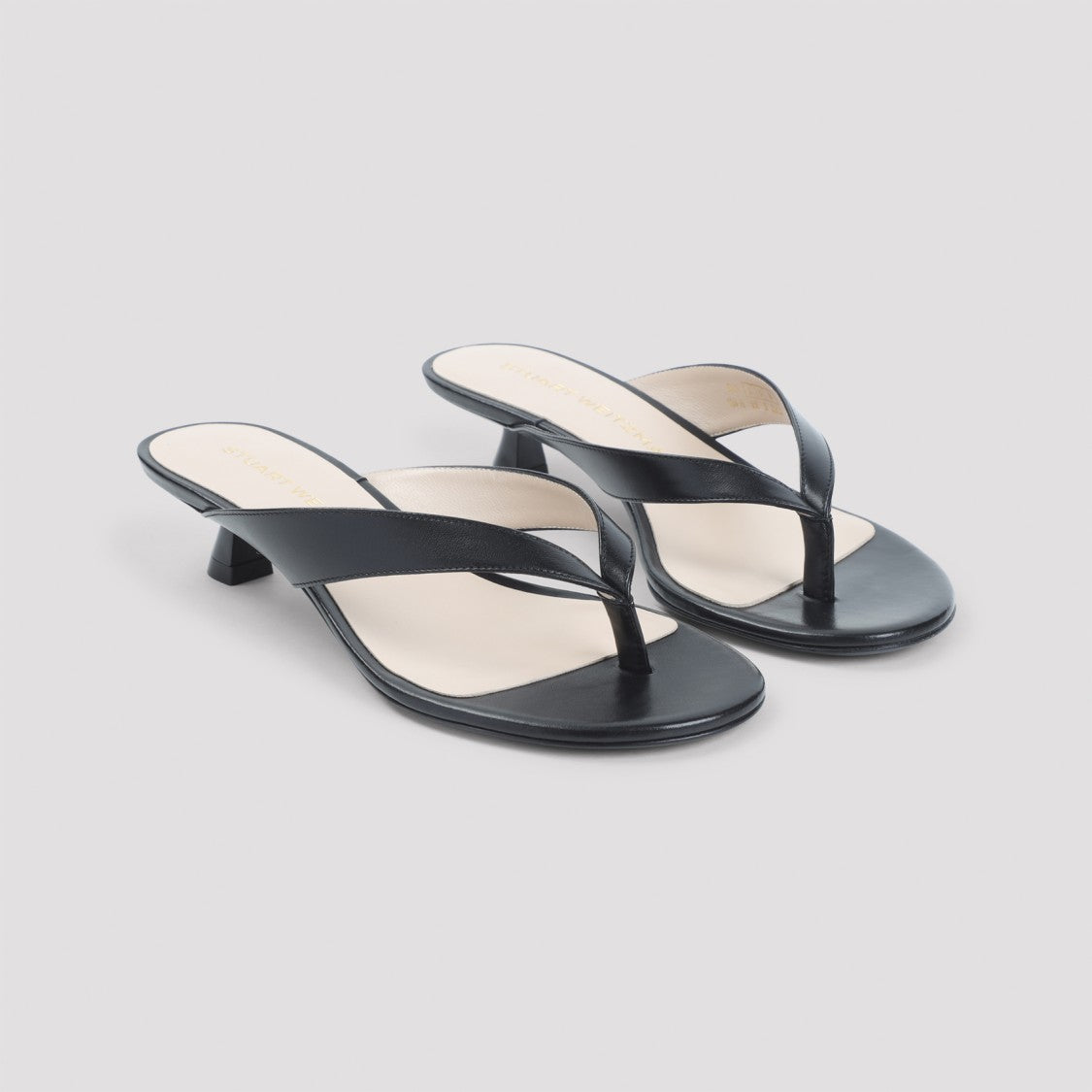 Stuart Weitzman Black Leather Sandals With Sculpted Kitten Heel