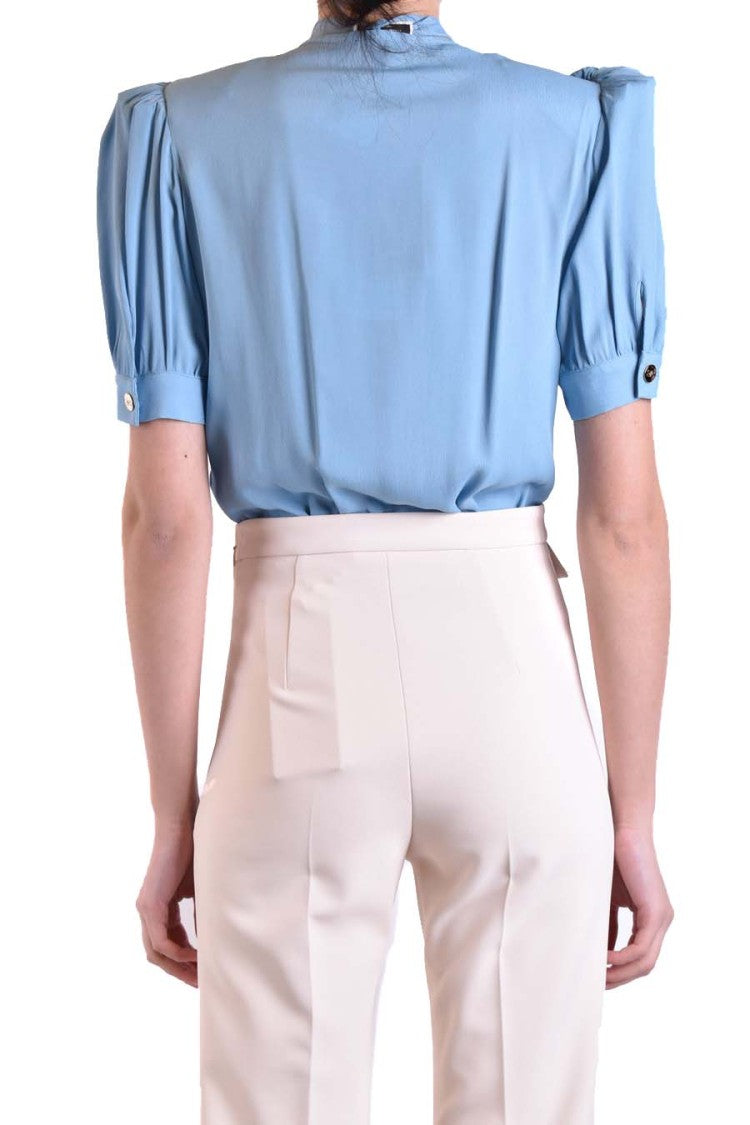 Elisabetta Franchi Draped Blue Bodysuit Tie-Neck Detail Pockets