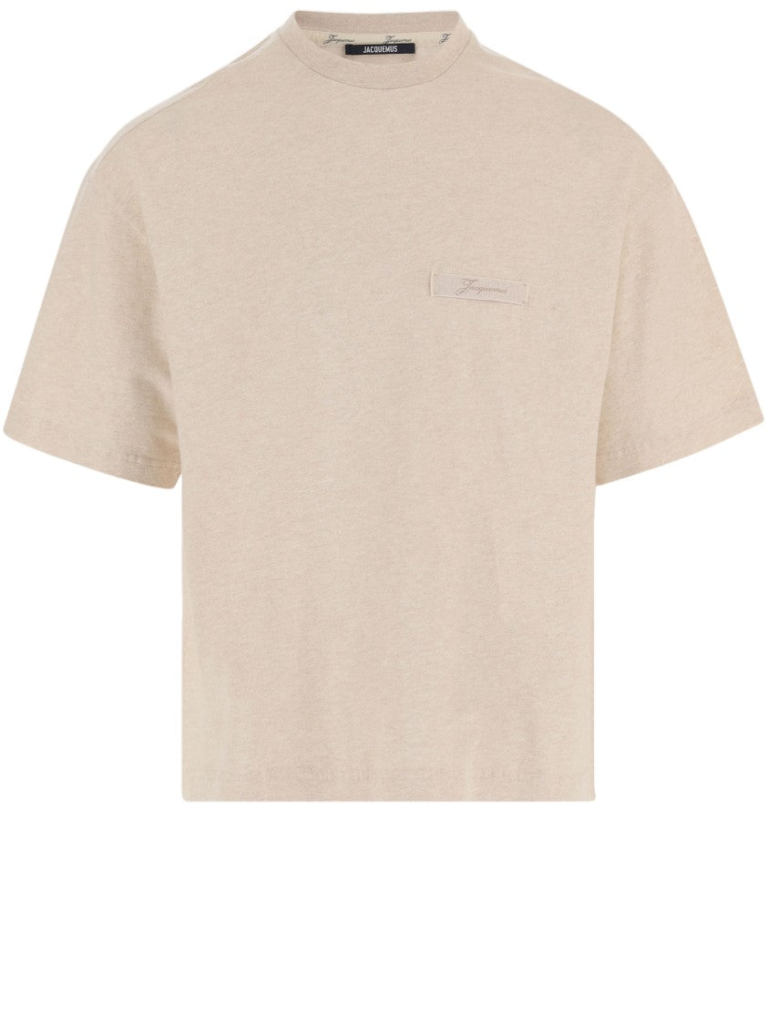 Jacquemus Beige Logo Label Ribbed Crewneck Cotton T-Shirt