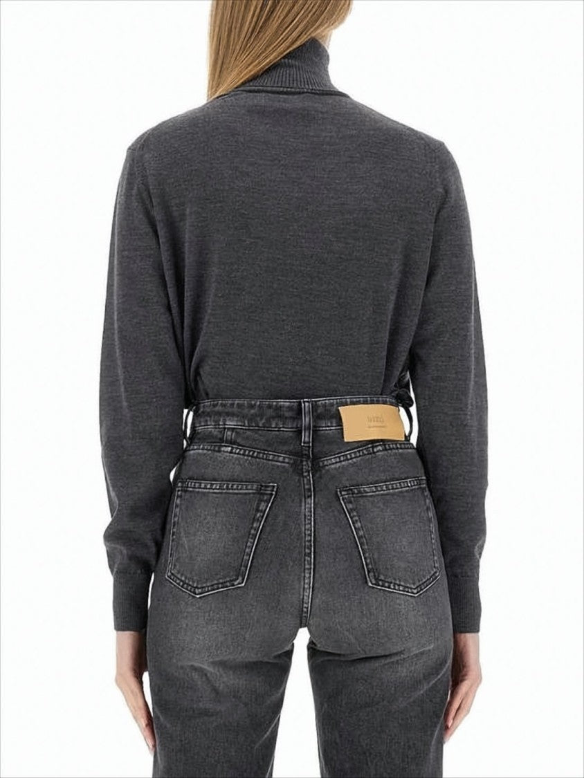 Ami Paris Fitted Merino Wool Turtleneck Sweater With Ribbed Cuffs