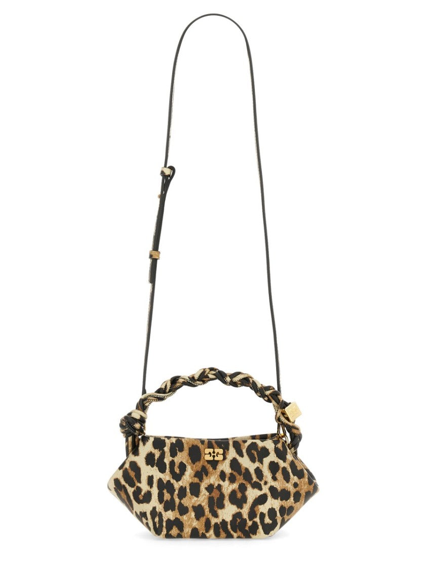 Ganni Leopard Print Mini Bou Bag With Braided Handle
