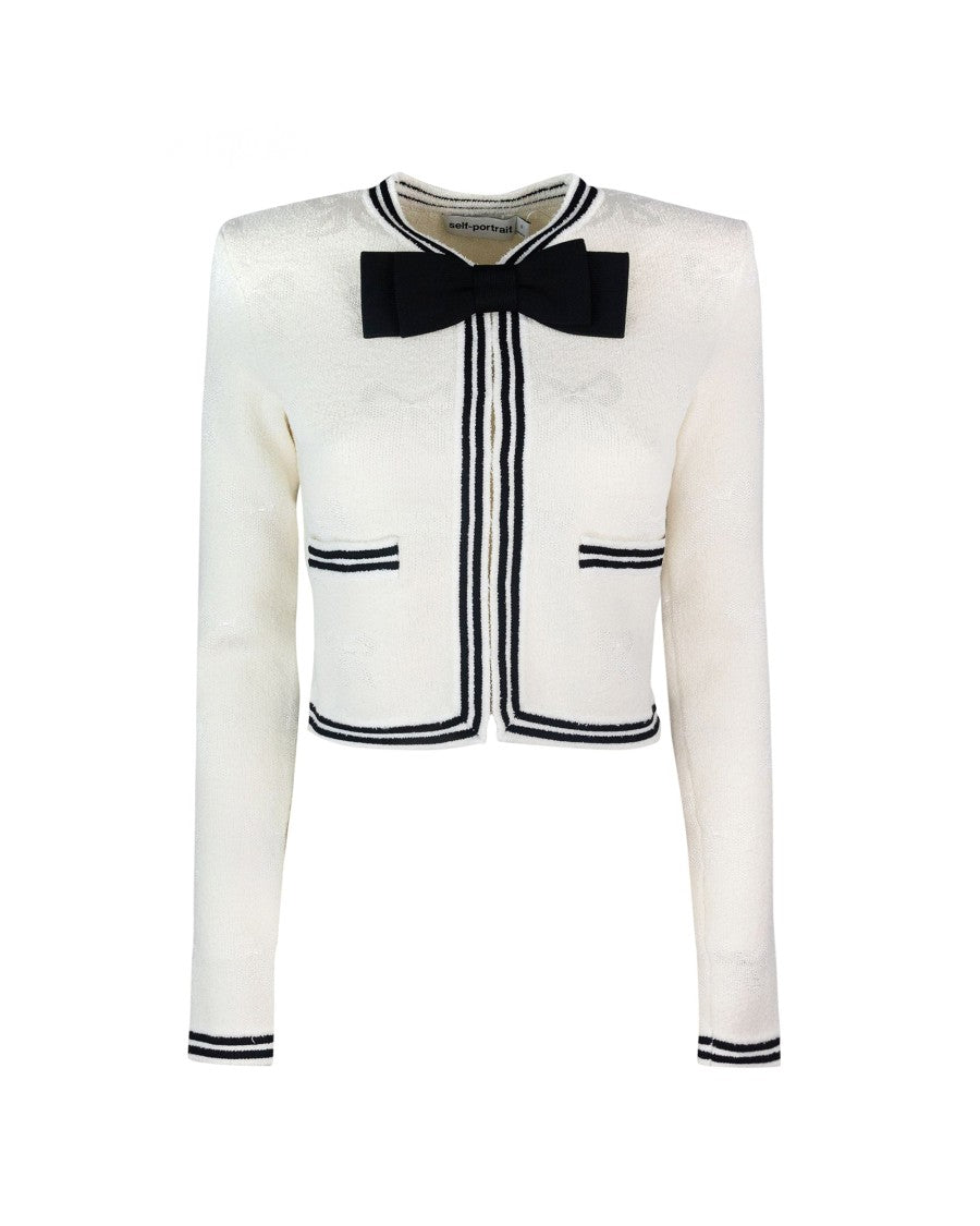 Self-Portrait Cream Jacquard Bow Cardigan