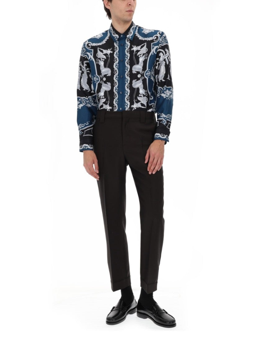 Versace Deep Blue Baroque Motif Printed Silk Shirt