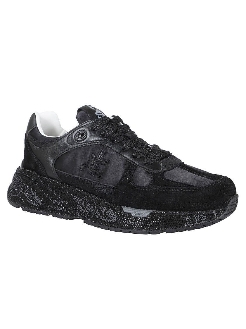 Premiata Black Rhinestone-Embellished Suede/Technical Fabric Sneakers