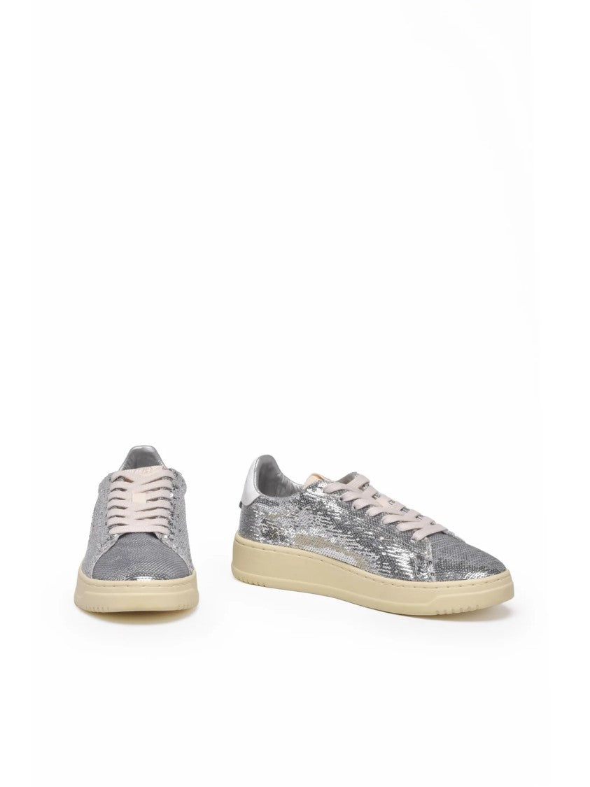 Autry Silver Sequin Leather Low-Top Sneakers