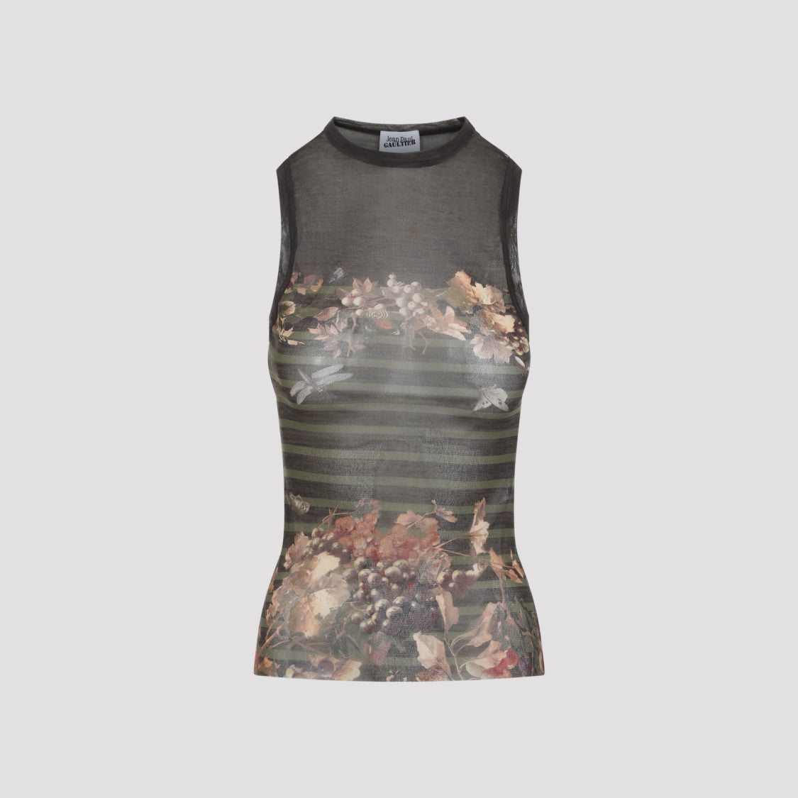 Jean Paul Gaultier Sheer Black Mesh Top With Grape Graphic Print
