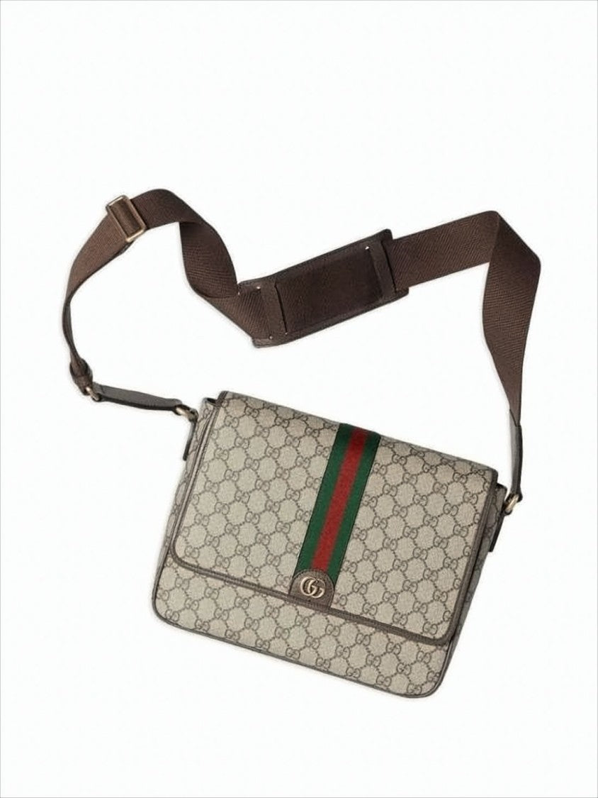 Gucci Monogram Canvas Crossbody Bag With Leather Trim