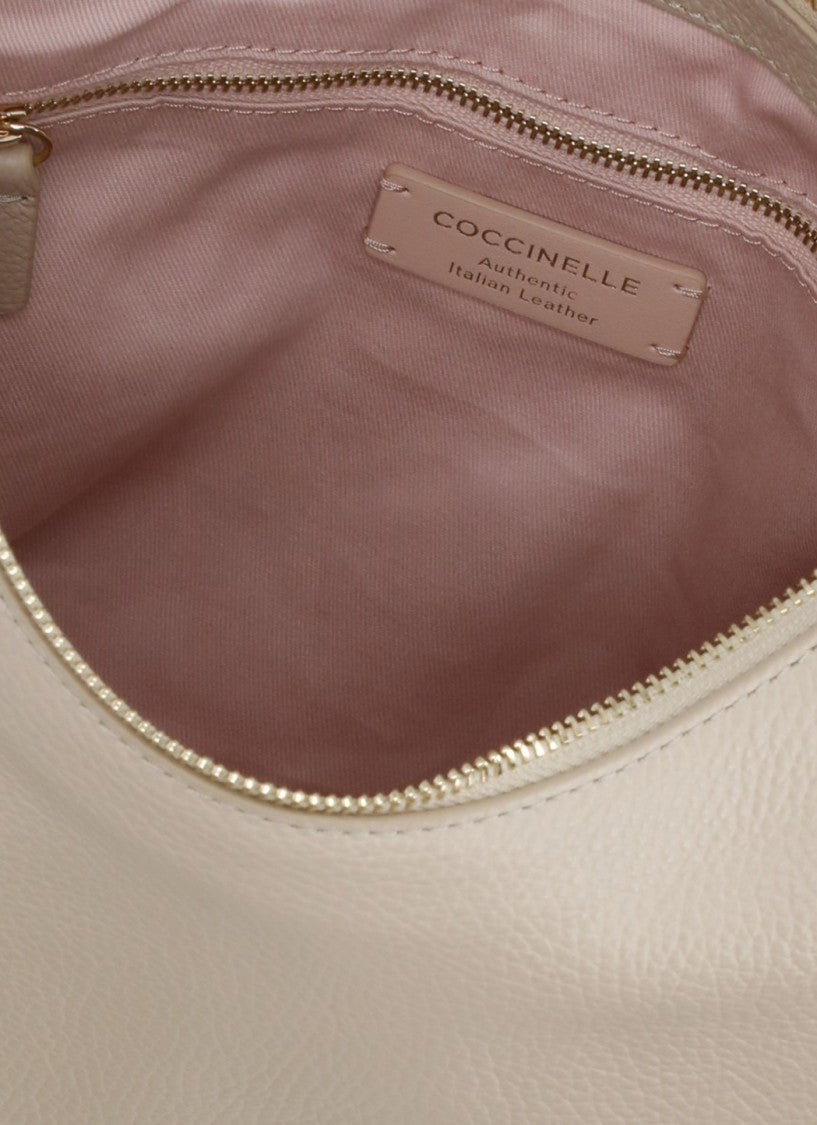 Coccinelle Beige Pebbled Leather Shoulder Bag With Adjustable Strap