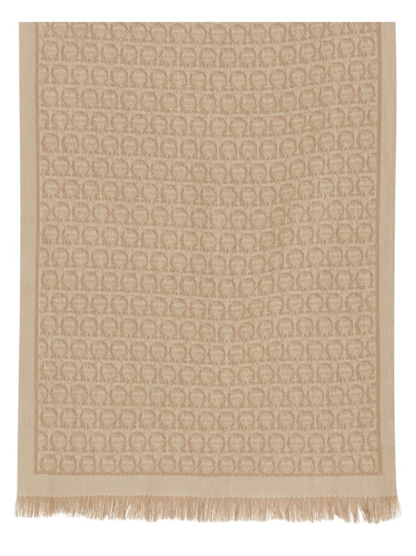 Ferragamo Long Rectangular Scarf With Interlocking Pattern And Fringed Edges