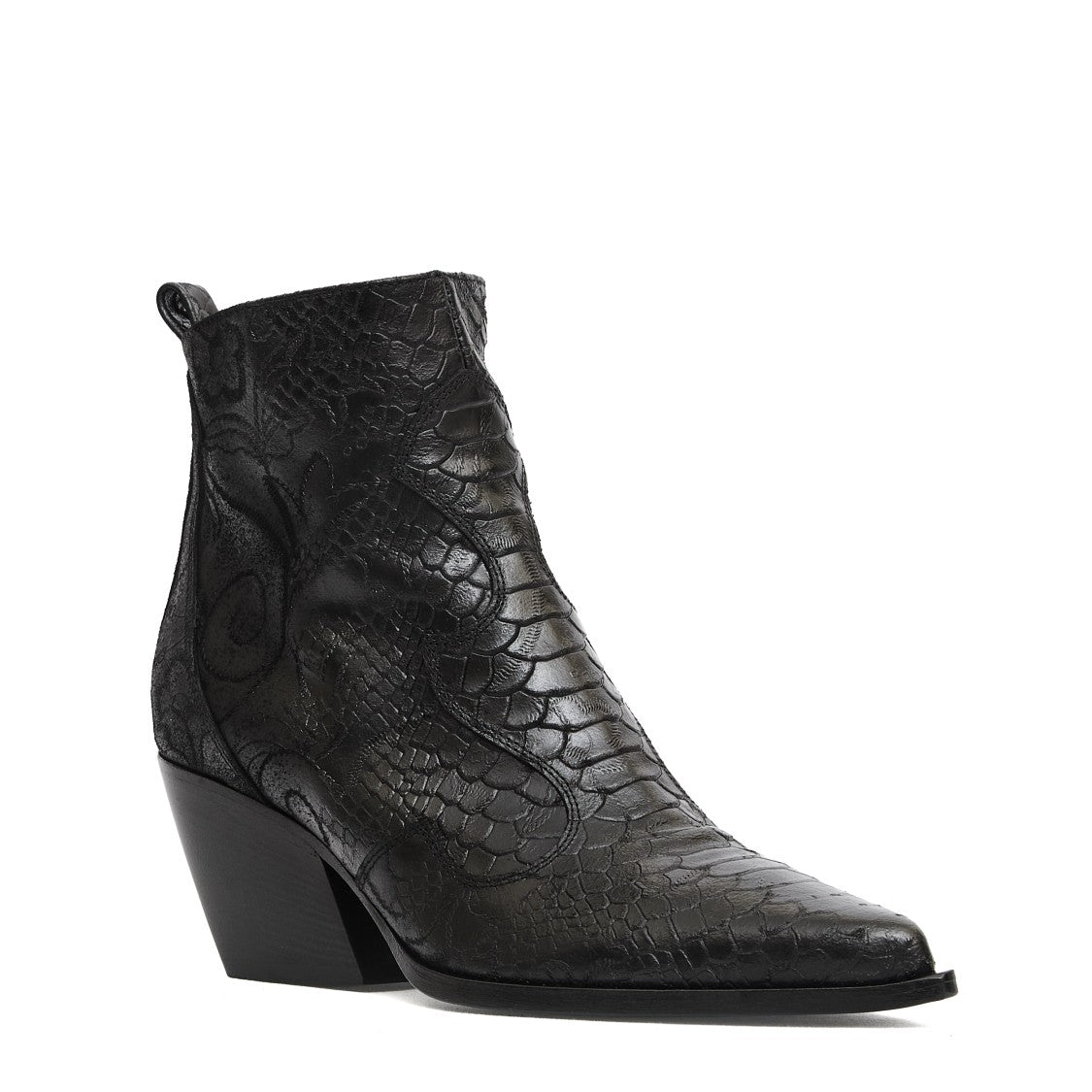 Elena Iachi Ankle Boots With Black Python Print And Intricate Embroidery