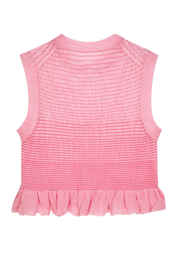Cecilie Bahnsen Sheer Knit Sleeveless Crop Top With Fringed Hem