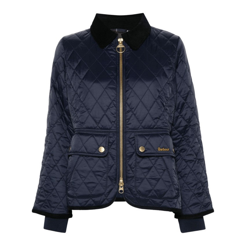 Barbour Quilted Blue Jacket With Diamond Pattern And Velvet Accents