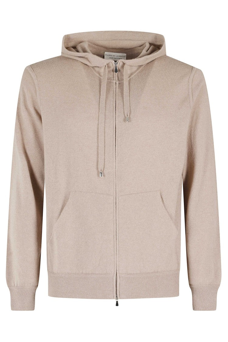 Filippo De Laurentiis Cashmere Wool Blend Zip-Through Sweater With Drawstring Hood
