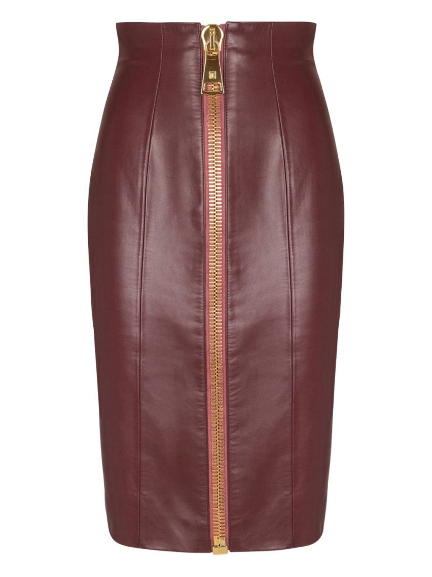 Balmain High-Waisted Pencil Skirt In Rich Brown Lambskin Leather