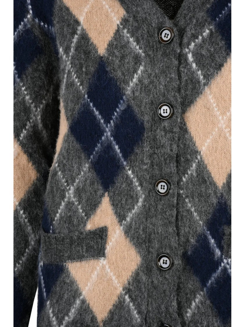Aspesi Grey/Beige Argyle Pattern V-Neck Wool Cardigan