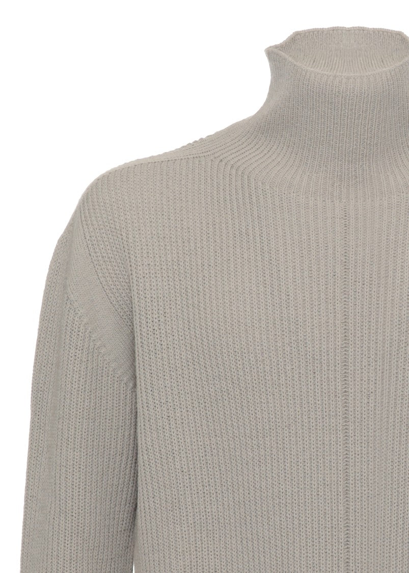 Rick Owens Grey Ribbed Knit High-Neck Sweater