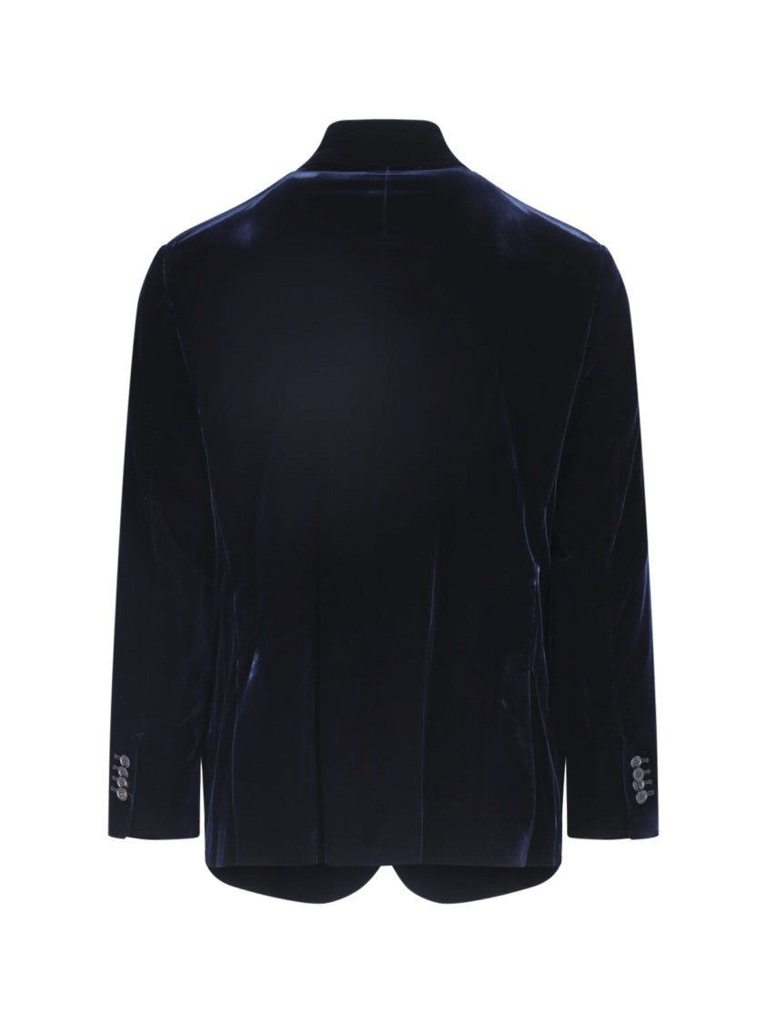 Giorgio Armani Blue Stand Collar Button-Up Viscose Velvet Jacket