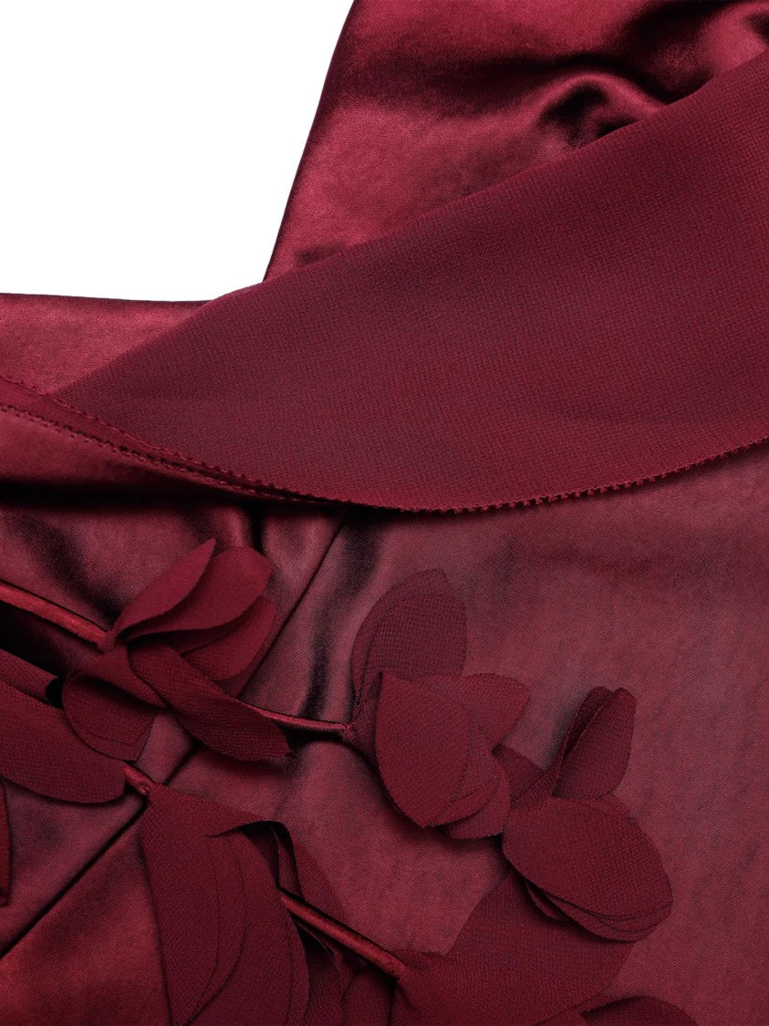 Self-Portrait Burgundy Satin Midi Dress With Floral Appliqués