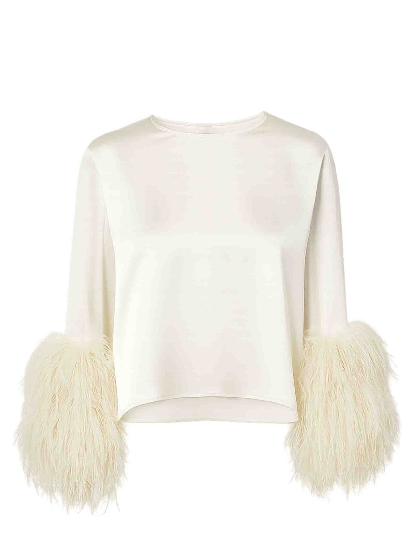 Lapointe Satin Top With Ostrich Feather Cuffs