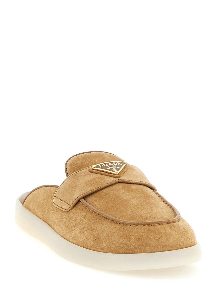 Prada Suede Slip-On Sabots With Enameled Triangle Logo
