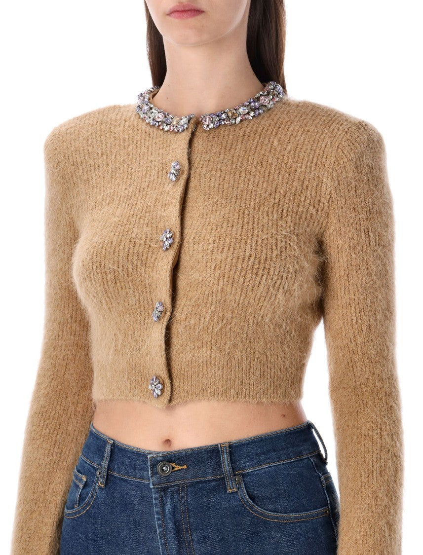Self-Portrait Camel Alpaca Cropped Cardigan With Crystal Trims