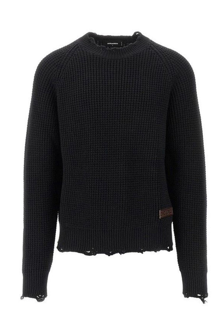 Dsquared2 Black Wool Waffle-Knit Distressed Sweater