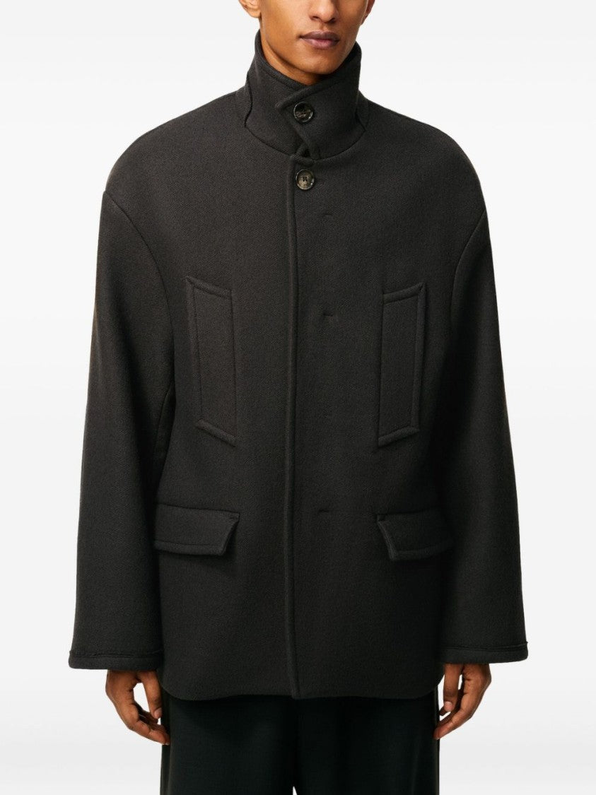 Ami Structured Grey Coat With High Collar And Button Closure