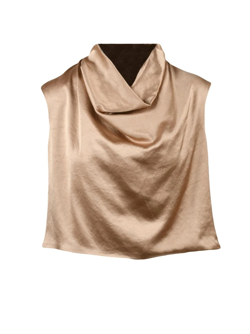 Liviana Conti Gold Draped Cowl Neckline Satin Top