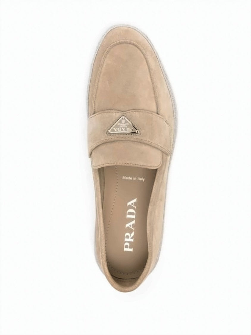 Prada Sleek Suede And Calf Leather Loafers With Metallic Logo Plaque