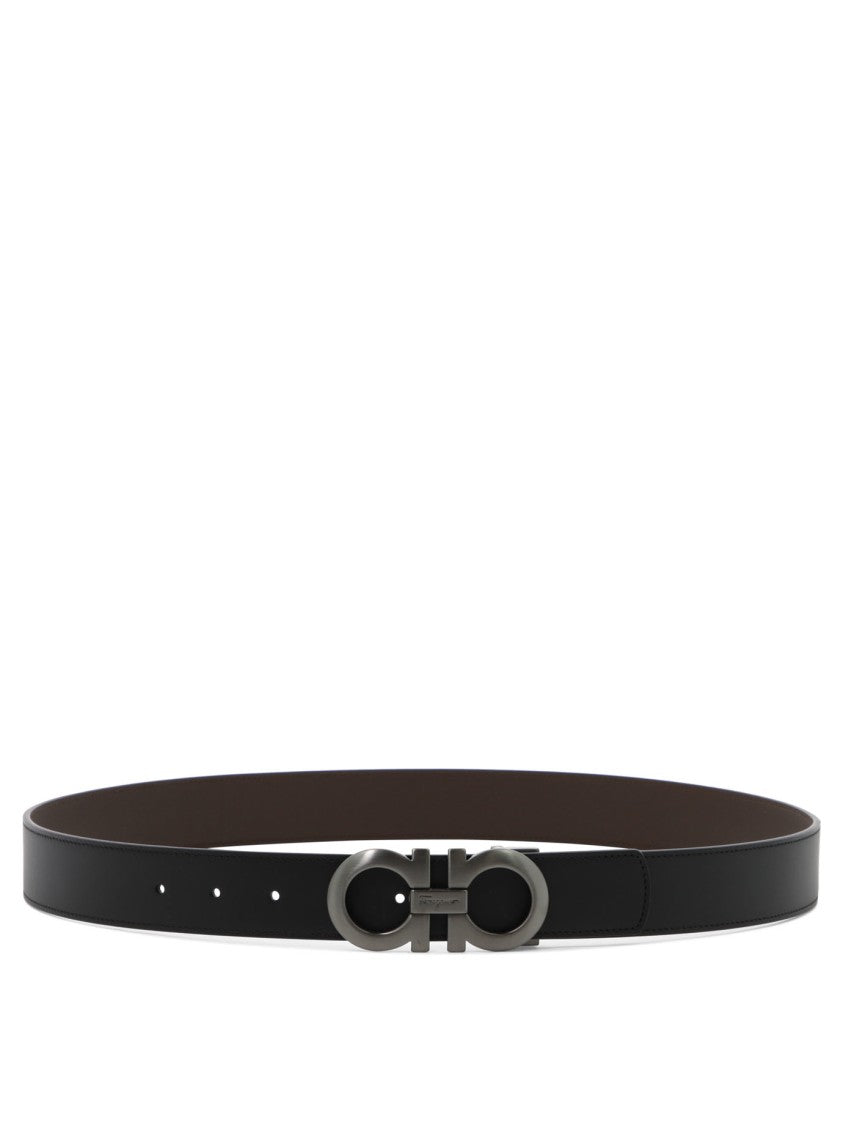 Ferragamo Sophisticated Black Leather Belt With Interlocking Metallic Buckle